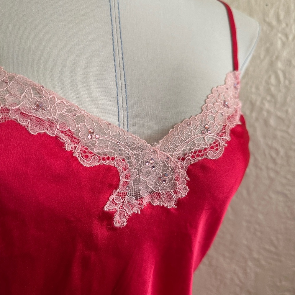Victoria’s Secret Red Satin Lace Trim Pink Crystal Accents Slip Medium - Picture 2 of 9
